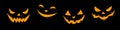 Vector set of smiling faces in flat style. Glowing and looking out of dark creepy snouts of creatures. Halloween element Royalty Free Stock Photo