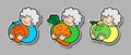 Vector set of smiling old gardeners. Gray-haired curly grandmother gardener hugs a huge apple, carrot, pumpkin. Old woman, elderly