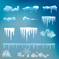 Vector set of snow caps, icicles, snowball and snowdrift isolated on transparent background. Winter decorations. Seasonal elements