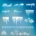 Vector set of snow caps, icicles, snowball and snowdrift isolated on transparent background. Winter decorations. Seasonal elements Royalty Free Stock Photo