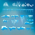 Vector set of snow caps, icicles, snowball and snowdrift isolated on transparent background. Winter decorations. Seasonal elements Royalty Free Stock Photo
