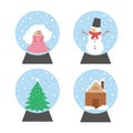 Vector set of snow globes with snowman, angel, fir tree, house. New Year decor items pack. Christmas tree toy isolated on white Royalty Free Stock Photo