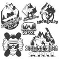 Vector set of snowboard sport labels in vintage style. Snowboarding and outdoor mountain adventure concept illustration