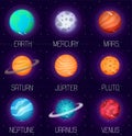 Vector set of solar system planets in cartoon style. Outer space design elements and icons Royalty Free Stock Photo