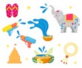 Vector set of Songkran water festival icons in fat style. Thai New Year elements. Sand pagoda, elephant, water gun Royalty Free Stock Photo