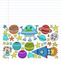 Vector set of space elements icons in doodle style. Painted, colorful, pictures on a piece of linear paper on white background