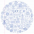 Vector set of space elements icons in doodle style. Painted, drawn with a pen, on a sheet of checkered paper on a white