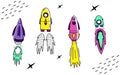 Vector set with space rockets. Doodle style. Colored isolates. 4 objects and stars Royalty Free Stock Photo