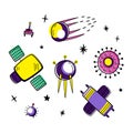 Vector set with space satellites. Doodle style. Colored isolates. 7 objects and stars Royalty Free Stock Photo