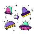 Vector set with space ships. Doodle style. Colored isolates. 5 objects and stars Royalty Free Stock Photo