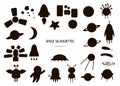 Vector set of space silhouettes. Black and white illustration of ufo, planet, rocket and other cosmic objects