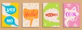 Vector set of speech bubbles in comic style. Hand drawn set of dialog boxes with phrases: Hello, Boom, Yes, No, Cool Royalty Free Stock Photo