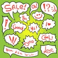 Vector set of speech bubbles in comic style. Hand drawn set of dialog windows with phrases: Hi, Sale, Oh, Oops, Good