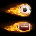 Vector set of sports burning balls, balls for soccer and American football on fire in a realistic style Royalty Free Stock Photo