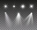 Vector set of spotlight and light burst effects isolated on dark background Royalty Free Stock Photo