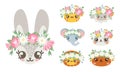 Animals with colored wreaths on their heads. Sheep tiger panda rabbit elephant bear. Spring Easter animal faces Royalty Free Stock Photo