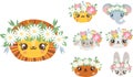 Animals with colored wreaths on their heads. Sheep tiger panda rabbit elephant bear. Spring Easter animal faces Royalty Free Stock Photo