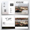 Vector set of square design brochure template. Polygonal background, blurred image, urban landscape, Prague cityscape