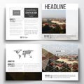 Vector set of square design brochure template. Polygonal background, blurred image, urban landscape, Prague cityscape