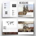 Vector set of square design brochure template. Polygonal background, blurred image, urban landscape, Prague cityscape