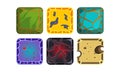 Vector set of square tiles with different textures. Sand, gold, lava, glacier. Assets for mobile or computer game