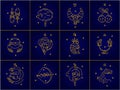 Vector set of square Zodiac signs, stars, constellations golden yellow color on a blue background Royalty Free Stock Photo