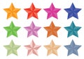 Vector set of stars isolated on white background with different colours.