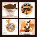 Vector set of steampunk square cards with steam punk accessories as goggles, dirigible and watches and woman character