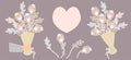Vector set of stickers. Hand holds a bunch of flowers, bouquet, buds, flowers, branches and leaves, heart. Vector illustration For