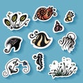 Vector Set of Stickers with Sea Flora and Fauna Royalty Free Stock Photo