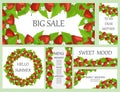 Vector set of strawberry banners. Big sale. Birthday. Design templates. Colorful strawberries surrounded by greenery on a