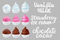 Vector set strawberry, vanilla, chocolate Ice cream in the cone on transparent background lettering hand made text Royalty Free Stock Photo