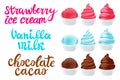 Vector set strawberry, vanilla, chocolate Ice cream in the cone on white background lettering hand made text Royalty Free Stock Photo