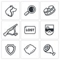 Vector Set of Stray Dogs Icons. Pooch, Search, Capture. Shooting, Loss, Veterinary, Zoo protection, Asleep, Food.