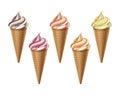 Vector set of Striped Colorful Brown Orange Yellow Purple Soft Serve Ice Cream Waffle Cone in Pink White Carton