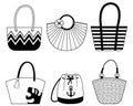 Vector set of stylish beach bags with leather handles and rope.