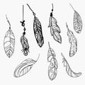 Vector set of stylized bird feathers. Collection of feathers for decoration. Black and white drawing by hand. Linear Art Royalty Free Stock Photo