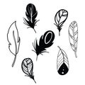 Vector set of stylized bird feathers. Collection of feathers for decoration. Black and white drawing by hand. Linear Art Royalty Free Stock Photo
