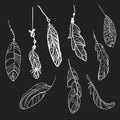 Vector set of stylized bird feathers. Collection of feathers for decoration. Black and white drawing by hand. Linear Art Royalty Free Stock Photo