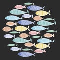 Vector set of stylized fish. Collection of cartoon fish. Illustration for children. A flock of colored fish floating in