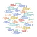 Vector set of stylized fish. Collection of cartoon fish. Marine life. Illustration for children. A flock of colored fish