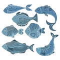 Vector set of stylized fish. A collection of cartoon fish. Marine life. Illustration for children. Royalty Free Stock Photo