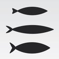 Vector set of stylized fish. Marine life. A collection of black fish silhouettes. Icon.