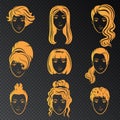 Vector set of stylized gold logo with beautiful women hairstyles. Golden fashion stylish collection of fashionable