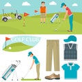 Vector set of stylized golf icons hobby equipment collection cart golfer player sport symbols Royalty Free Stock Photo