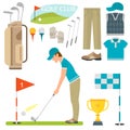 Vector set of stylized golf icons hobby equipment collection cart golfer player sport symbols Royalty Free Stock Photo