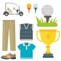 Vector set of stylized golf icons hobby equipment collection cart golfer player sport symbols Royalty Free Stock Photo