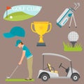 Vector set of stylized golf icons hobby equipment collection cart golfer player sport symbols Royalty Free Stock Photo