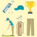 Vector set of stylized golf icons hobby equipment collection cart golfer player sport symbols Royalty Free Stock Photo