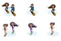 Vector set of stylized images of girls and guys on a surfboard in pairs and singles